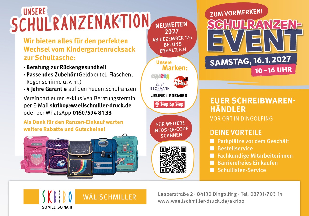SKRIBO-Anzeige - Schulranzenaktion und Schulranzenevent 2026